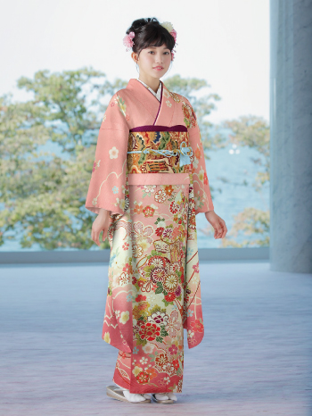 タ*ん様 振-56 振袖フルセット　成人式　ピンク地に銀通し　裄長！　ロング身丈 正統派古典 紫 牡丹柄/大柄 假屋崎省吾デザイン 豪華 華やか【通販可
