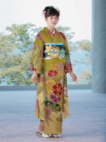 中振袖 成人式 結婚式 グリーン 振袖 レンタル 成人式 結婚式 青緑 熨斗に花車(絹)(宅)12月〜1月